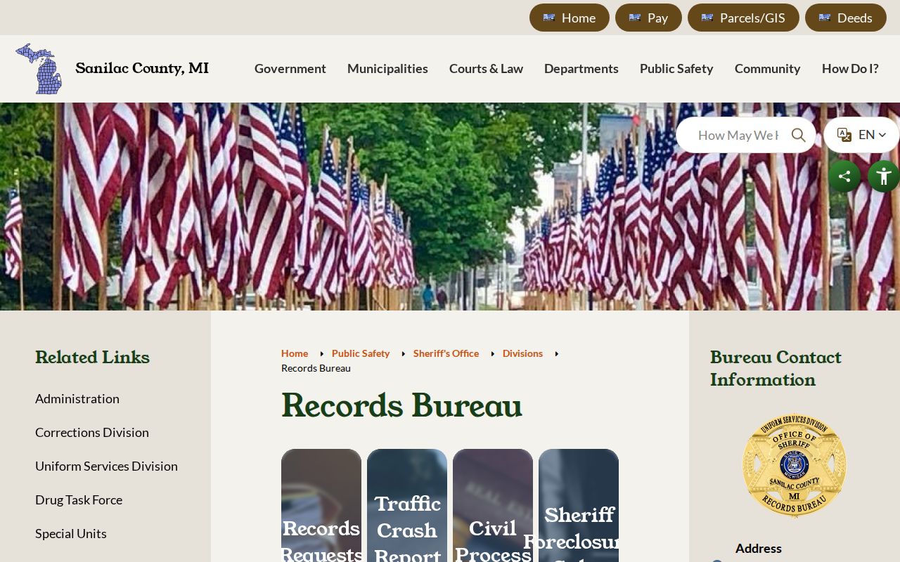 Sanilac County Sheriff Records Bureau page listing warrant records without a public roster