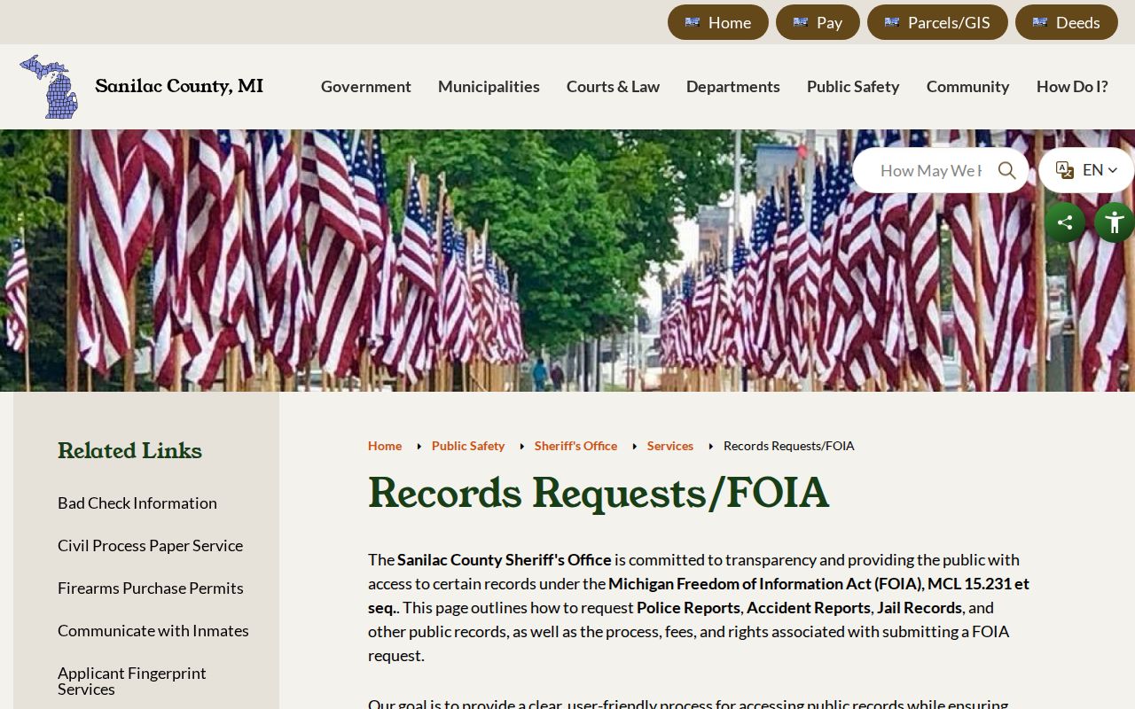 Sanilac County Sheriff FOIA instructions for requesting Sanilac County warrant records
