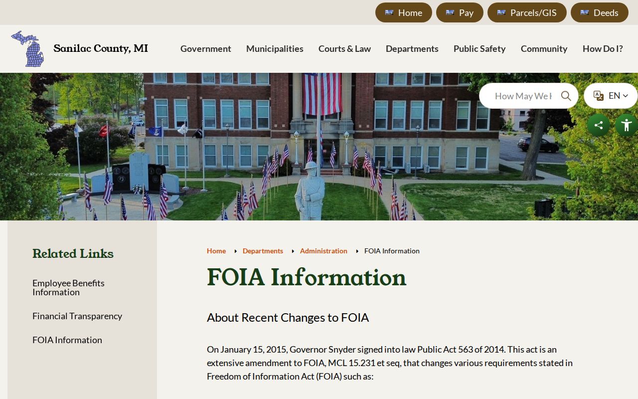 Sanilac County FOIA procedures page used for Sanilac County warrant records requests