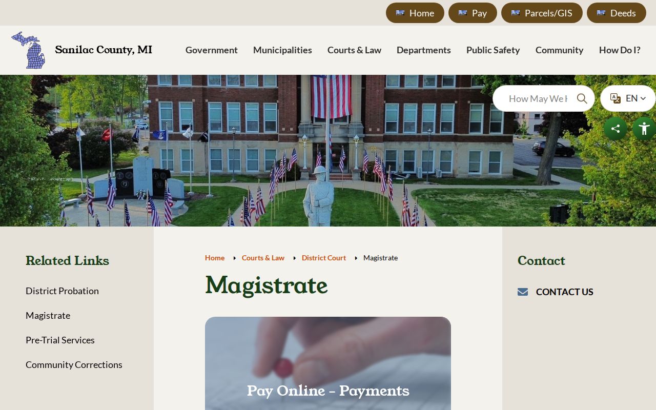 District magistrate contact page used for Sanilac County municipal warrant questions and missed court dates