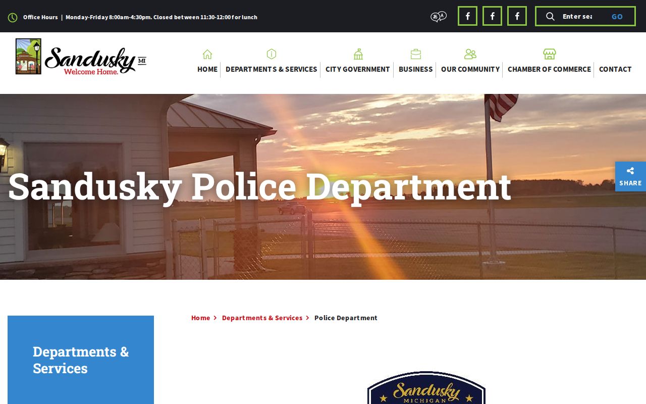 Sandusky Police Department contact page listing court referrals for Sandusky warrant records
