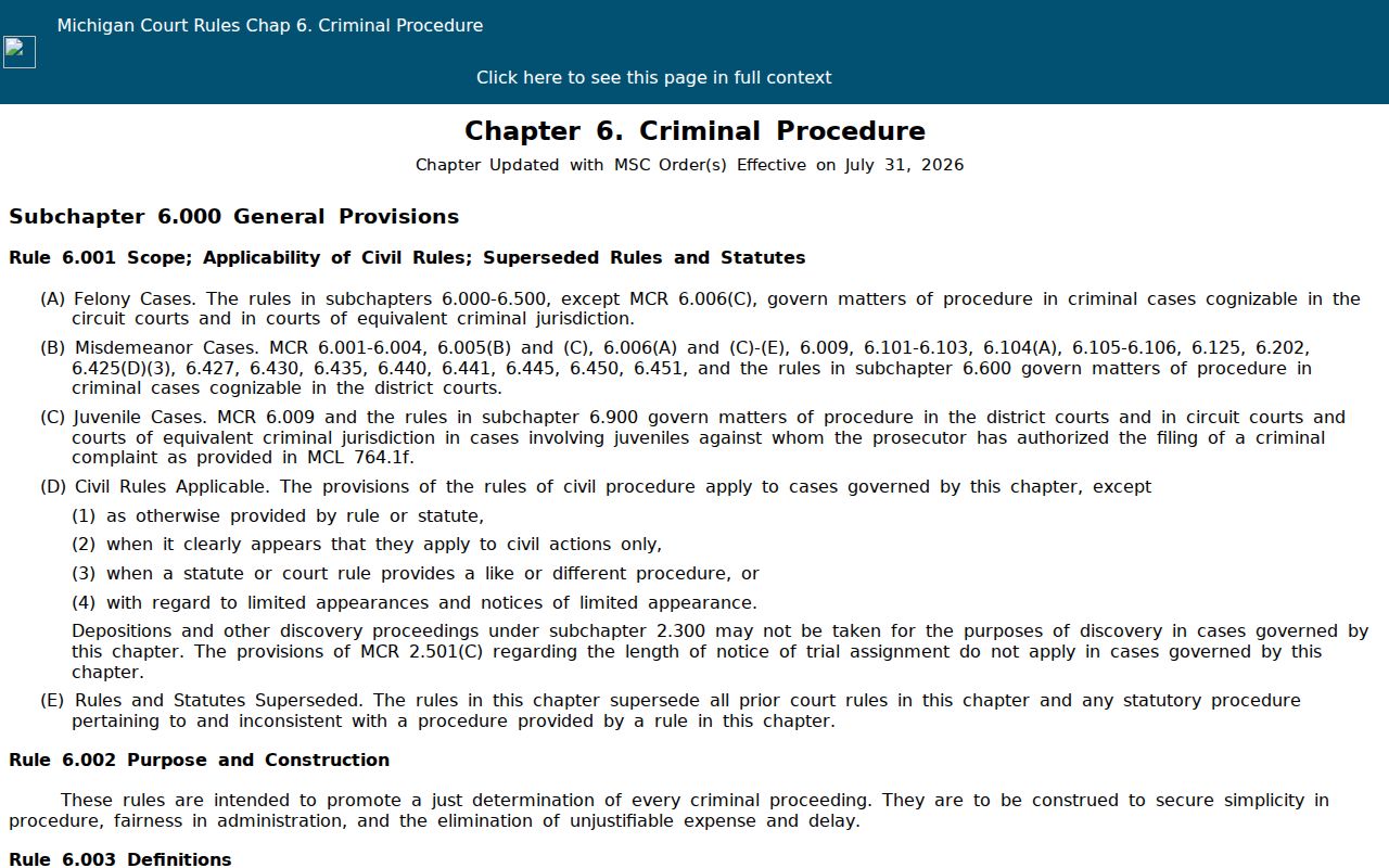 Michigan Court Rules chapter on warrants and failures to appear for Sanilac County warrant records