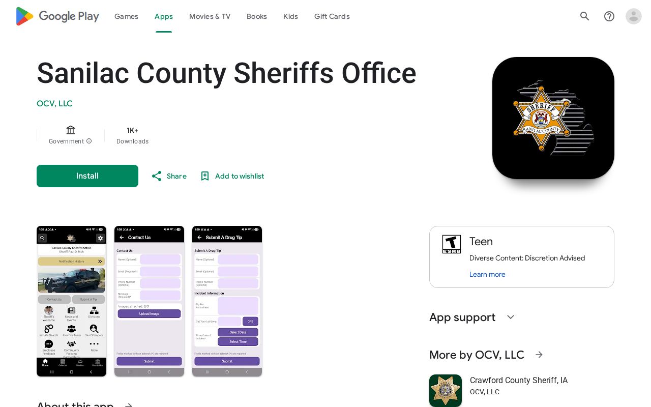 Official Sanilac County public-safety app listing that offers tips and news but no Sanilac County warrant records search