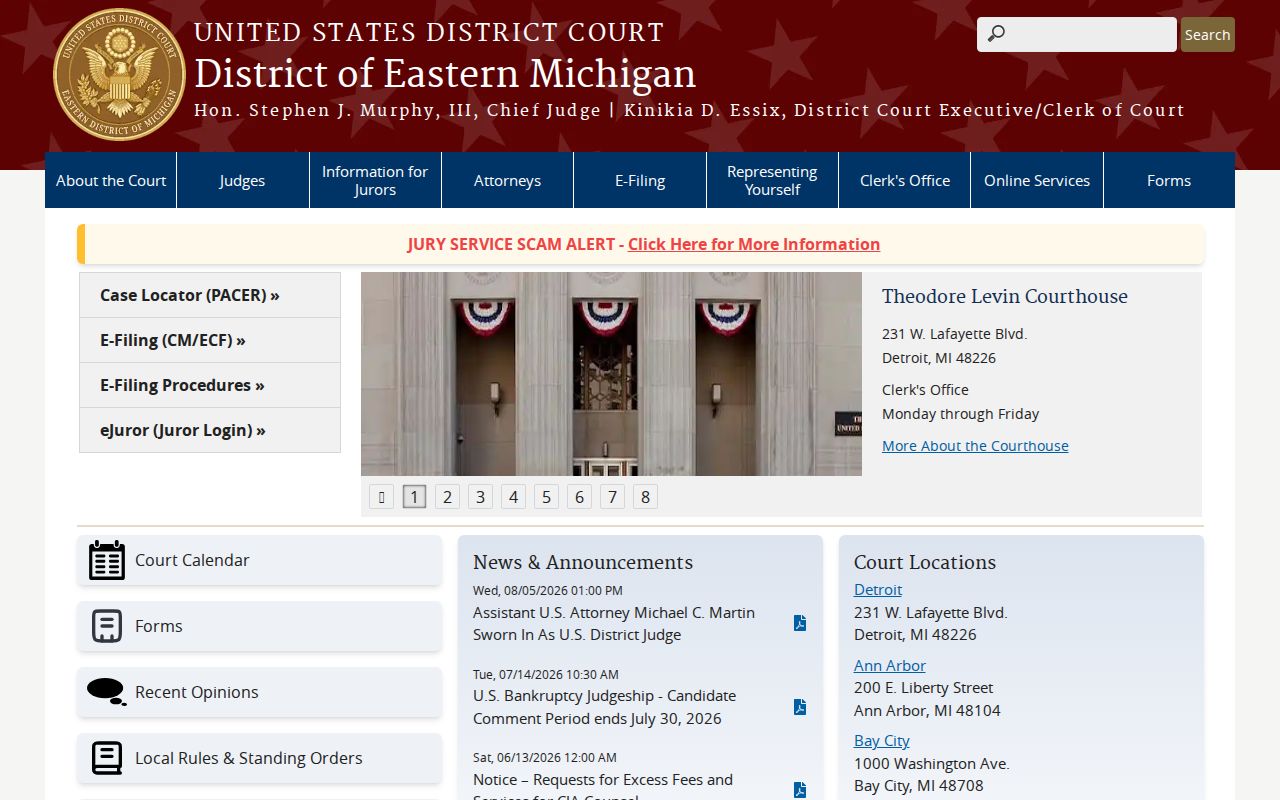 Federal court homepage for the district that handles federal warrants separately from Sanilac County warrant records