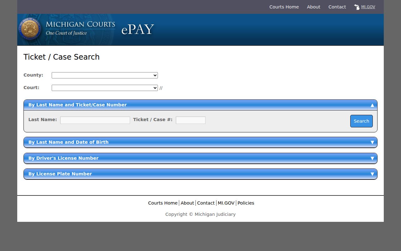 Blank Michigan ticket search form showing the fields used for Sanilac County traffic warrant research