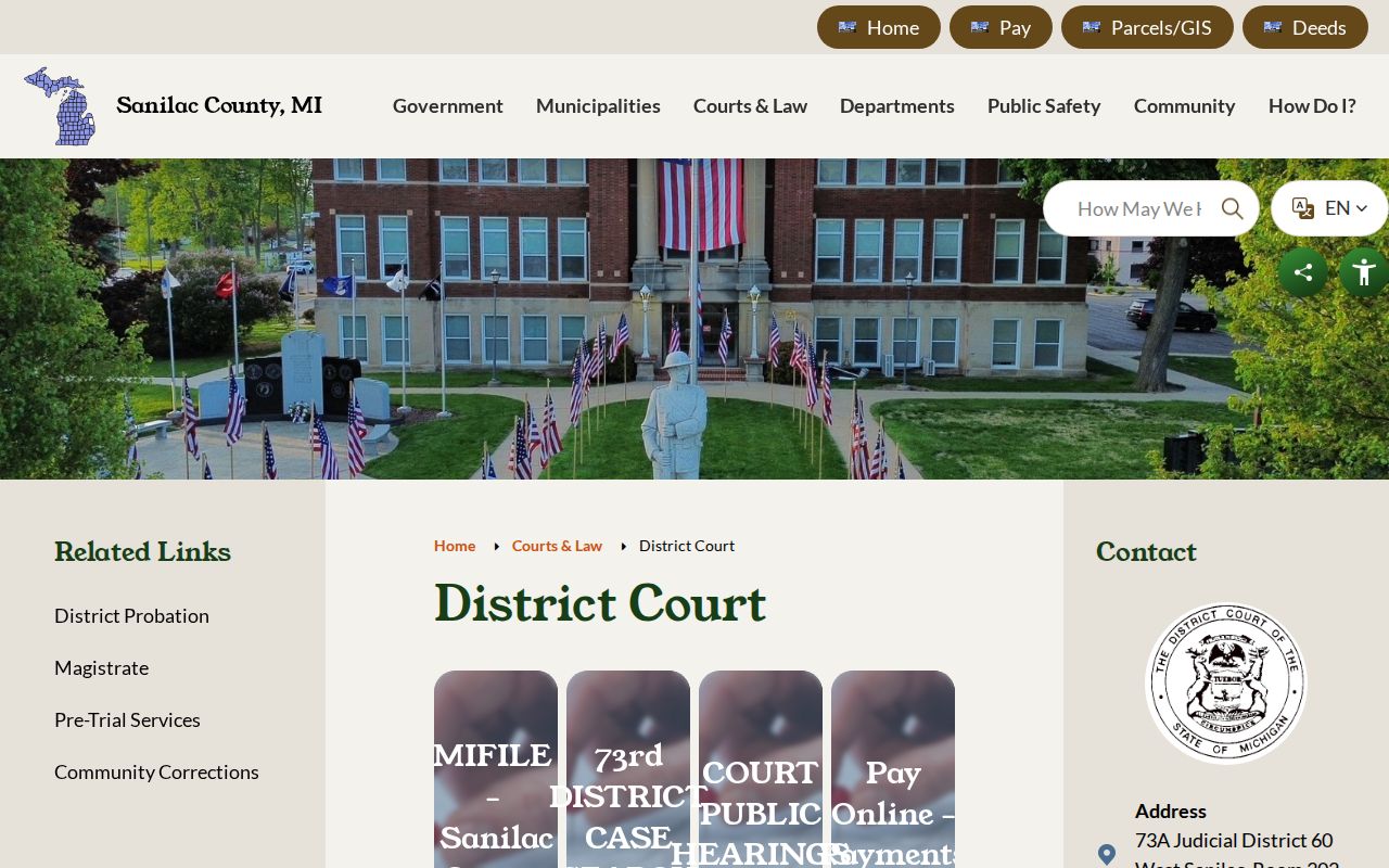 73A District Court jurisdiction and payment links for Sanilac County traffic warrant records
