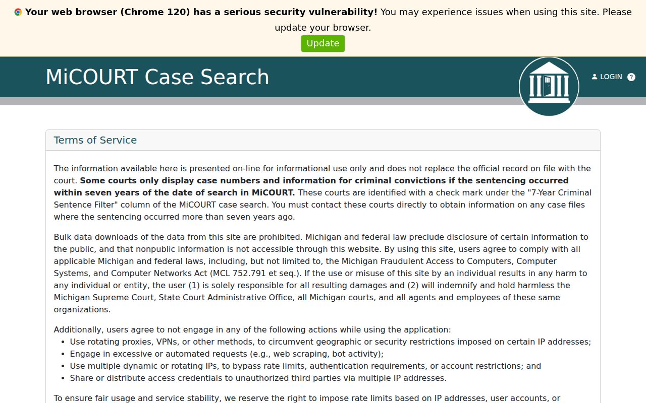 Sanilac 73A District Court case search route for Sanilac County warrant records